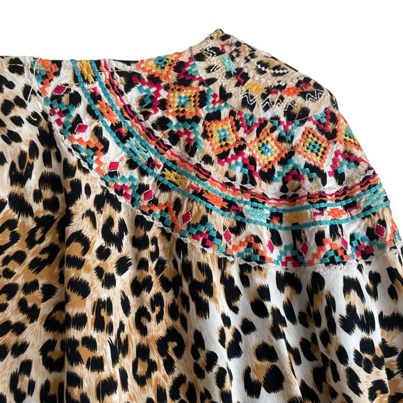 Savanna Jane Women Top S/M Leopard Print Embroidered Southwest Boho Lagenlook - Picture 6 of 13